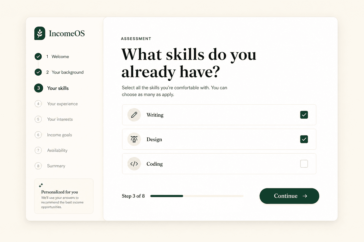 Income Map assessment wizard capturing skills and constraints