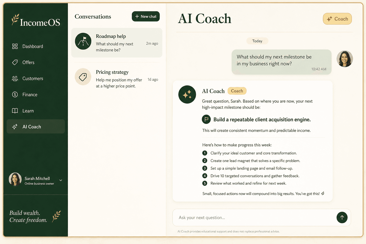 Income Map AI coach conversation grounded in your roadmap