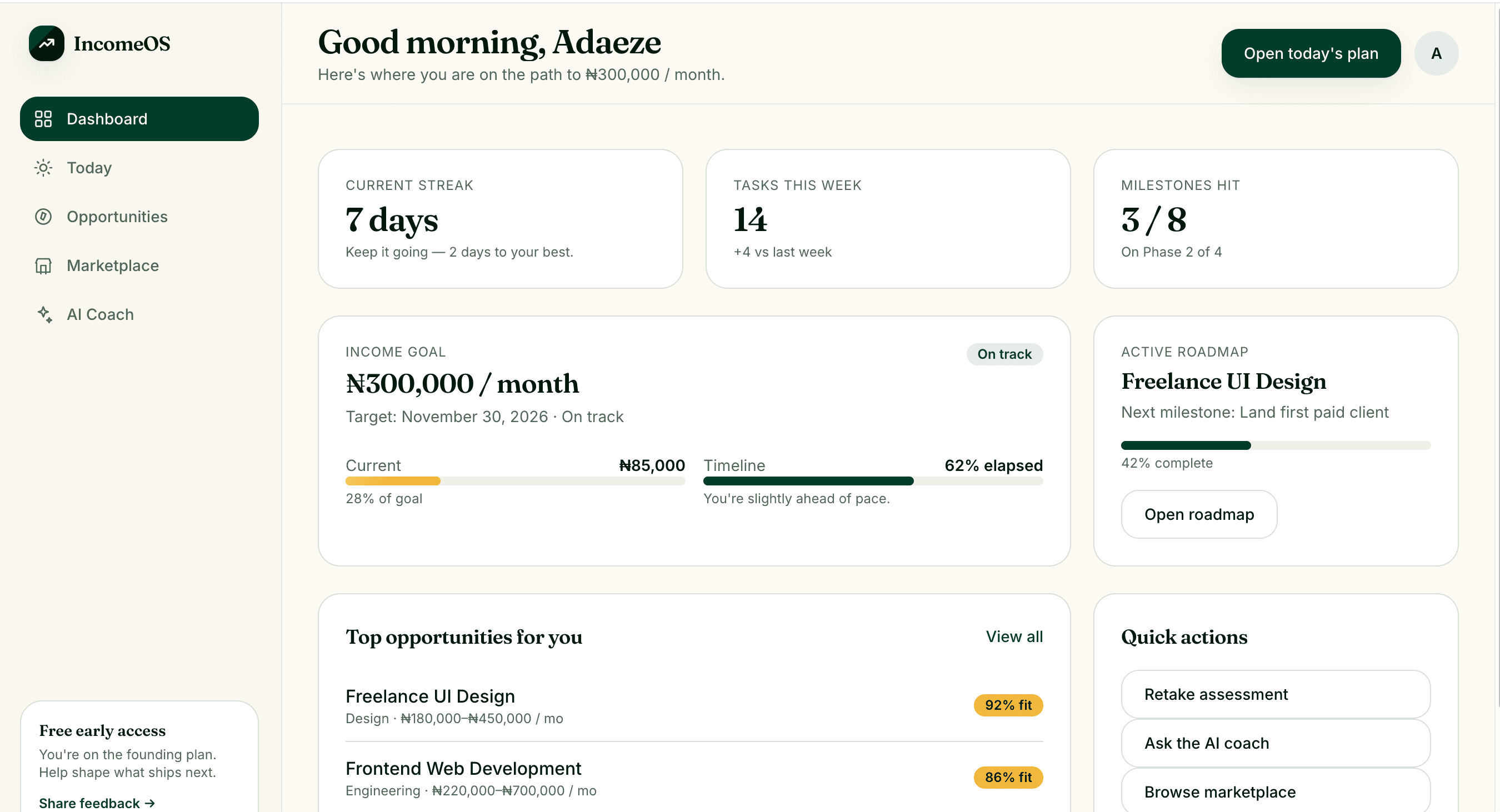 Income Map dashboard showing income goal progress and opportunities