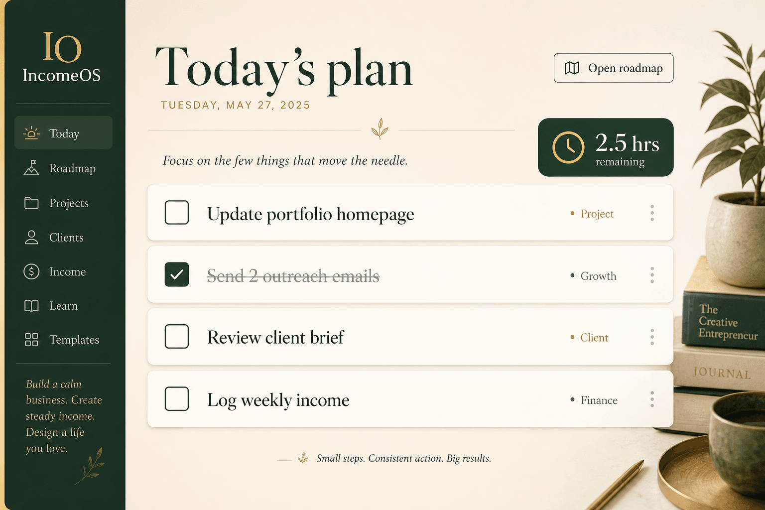 Income Map daily plan with checkable tasks